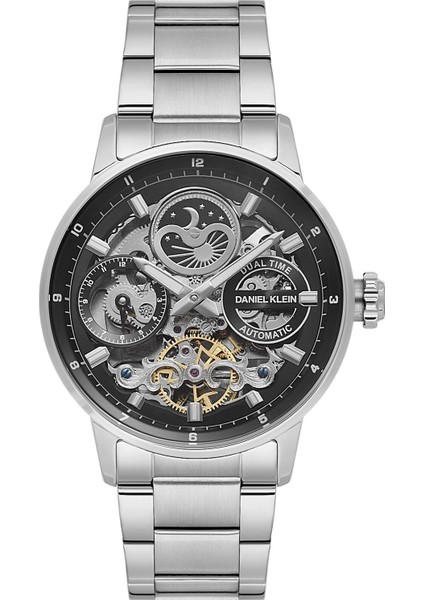 DKE.1.14043.2 Siyah Gümüş Skeleton Ay Güneş Takvimli Çelik Kordonlu Otomatik Erkek Kol Saati