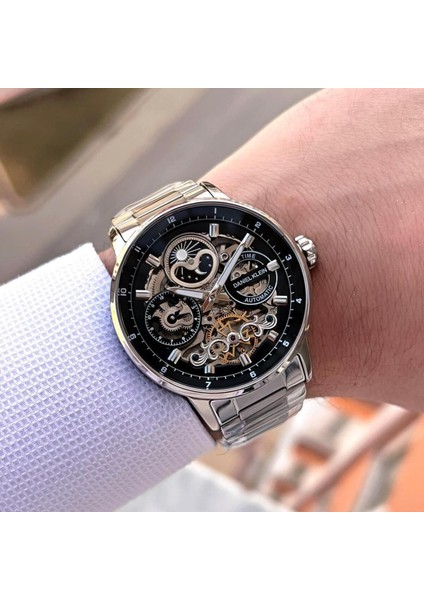 DKE.1.14043.2 Siyah Gümüş Skeleton Ay Güneş Takvimli Çelik Kordonlu Otomatik Erkek Kol Saati modelleri
