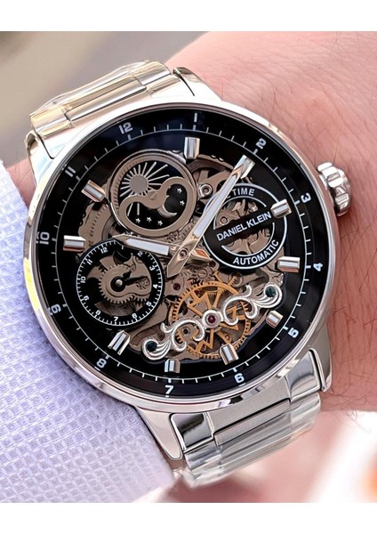 DKE.1.14043.2 Siyah Gümüş Skeleton Ay Güneş Takvimli Çelik Kordonlu Otomatik Erkek Kol Saati
