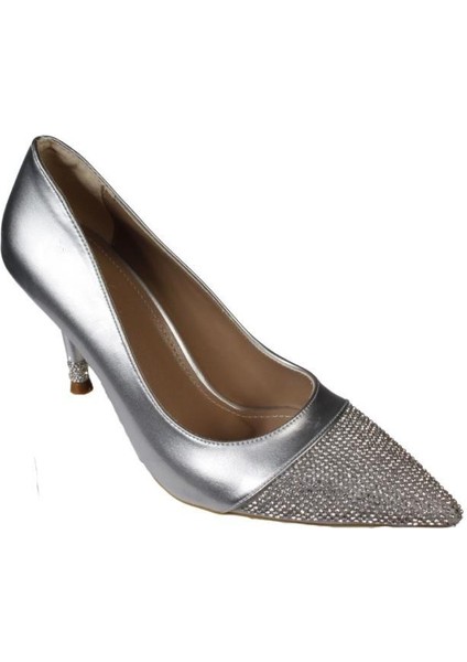 Yazkış Kadın Siyah Gümüş Cilt Önü ve Topuğu Taşlı 9cm Ince Topuk Stiletto Ayakkabı