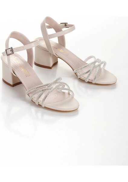 Bej Kısa Kalın Topuklu Taşlı Abiye Ayakkabı modelleri