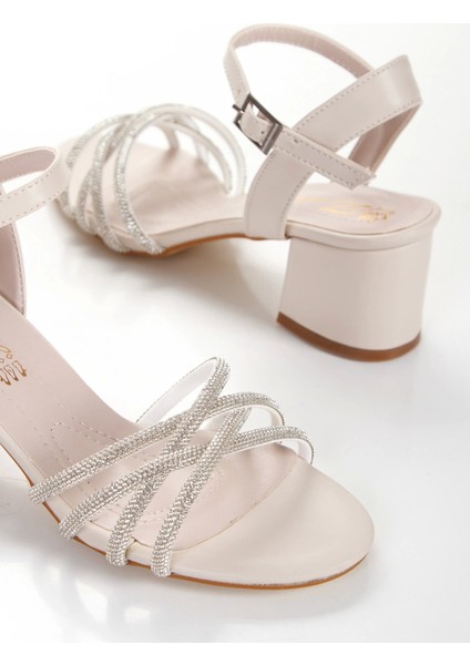 Bej Kısa Kalın Topuklu Taşlı Abiye Ayakkabı indirimleri