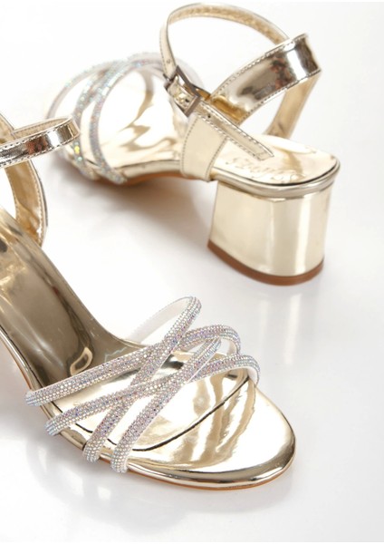 Altın Rugan Kısa Kalın Topuklu Taşlı Abiye Ayakkabı indirimleri