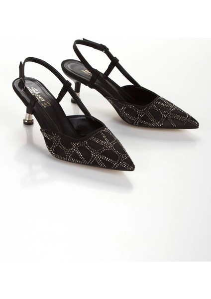 Kadın Taş Işlemeli 5 cm Tarz Topuklu Abiye Ayakkabı Siyah Saten modelleri