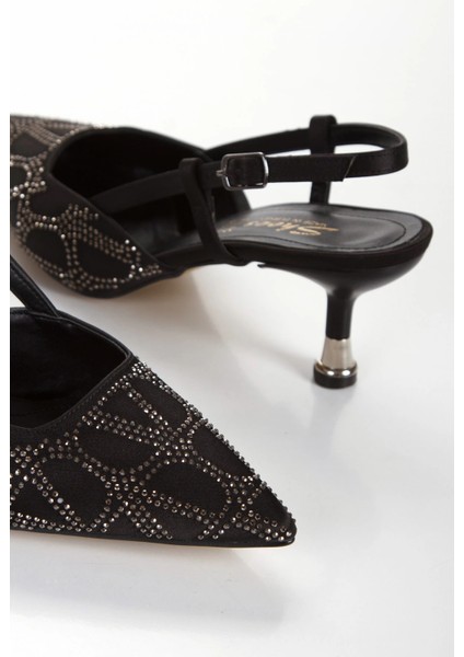 Kadın Taş Işlemeli 5 cm Tarz Topuklu Abiye Ayakkabı Siyah Saten indirimleri