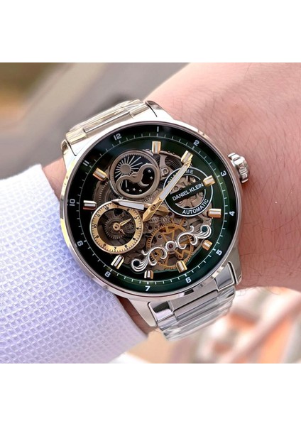 DKE.1.14043.4 Yeşil Gold Gümüş Skeleton Ay Güneş Takvimli Çelik Kordonlu Otomatik Erkek Kol Saati modelleri