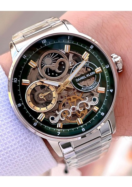 DKE.1.14043.4 Yeşil Gold Gümüş Skeleton Ay Güneş Takvimli Çelik Kordonlu Otomatik Erkek Kol Saati
