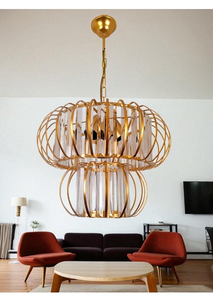 Antik Pofidik 4’lü Avize – Gold, Kristal Tabut Taşlı, Modern