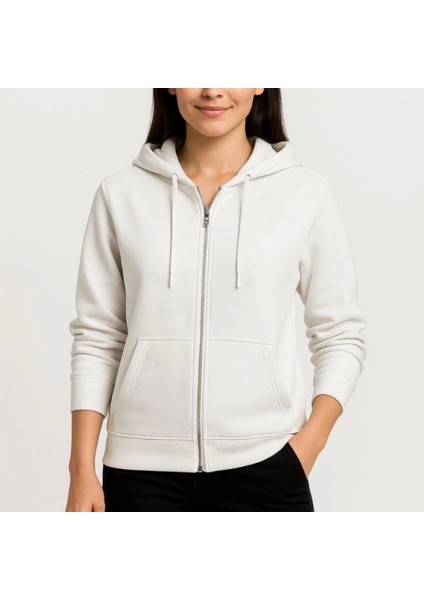 Mdb Üç Iplik Kapüşonlu Tam Fermuarlı Kanguru Çepli Weathirt Hoodie Beyaz