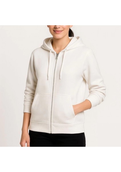 Mdb Üç Iplik Kapüşonlu Tam Fermuarlı Kanguru Çepli Weathirt Hoodie Beyaz fiyatları