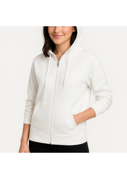 Mdb Üç Iplik Kapüşonlu Tam Fermuarlı Kanguru Çepli Weathirt Hoodie Beyaz modelleri