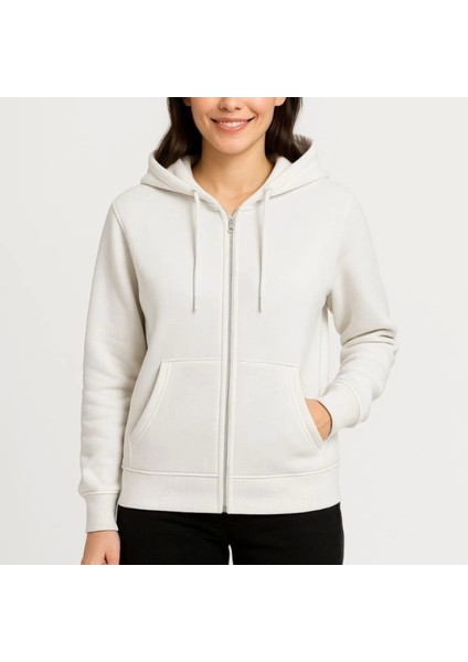 Mdb Üç Iplik Kapüşonlu Tam Fermuarlı Kanguru Çepli Weathirt Hoodie Beyaz fırsatları