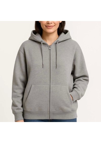 Mdb Üç Iplik Kapüşonlu Tam Fermuarlı Kanguru Çepli Weathirt Hoodie Gri