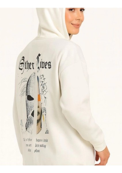 Mdb Üç Iplik Kapşonlu Ön ve Arka Baskılı Weathirt Hoodie Beyaz