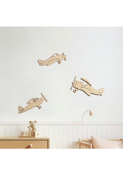 3 Lü Retro Uçak Ahşap Dekor| Bebek - Çocuk Odası Duvar Aksesuarı