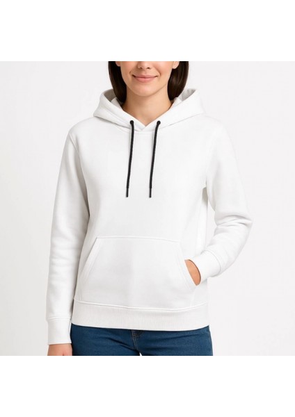 Mdb Üç Iplik Kapüşonlu Kanguru Çepli Weathirt Hoodie Beyaz