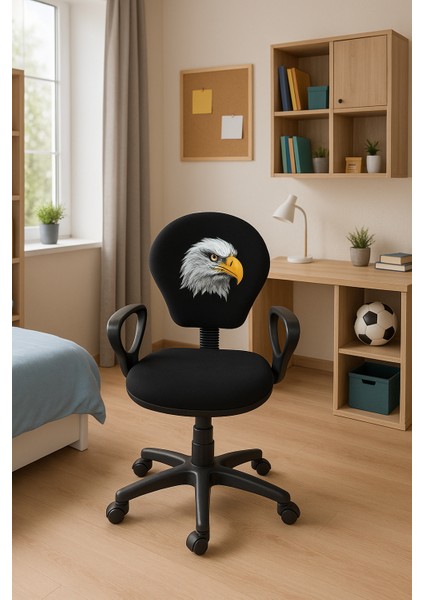 BJK Taraftar Çocuk Çalışma Sandalyesi – Siyah Beyaz “Kara Kartal” Baskılı, Tekerlekli Ergonomik Ofis / Faaliyet / Personel Koltuğu