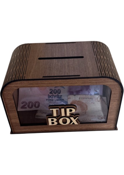 Şeffaf Ön Camlı Lazer Kesim Bahşiş Kutusu (Mdf – Dekoratif) - Ahşap Tip Box Ceviz