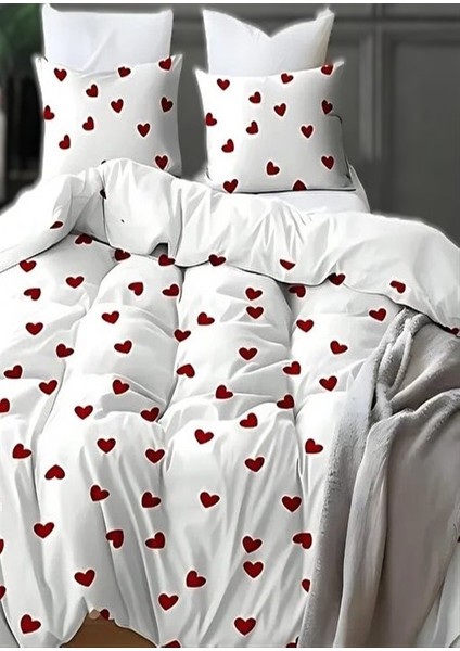 Tek Kişilik Nevresim Takımı Lastikli Çarşaf Kalp Desenli Beyaz Kırmızı