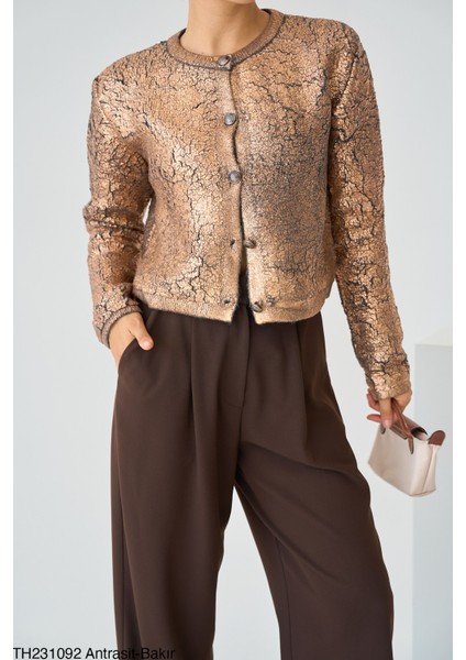 Yeni Sezon Antrasit Bakır Renk Varak Baskılı Hırka