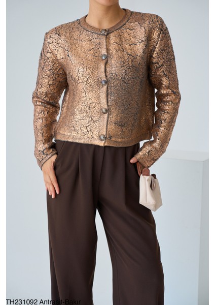 Yeni Sezon Antrasit Bakır Renk Varak Baskılı Hırka modelleri