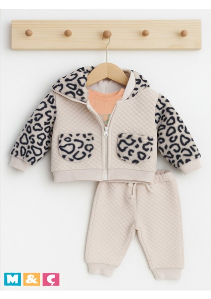 3 Lu Kız Bebek Ceketli Alt Üst Leoparlı Peluşlu Kapitone Kışlık Takım Baby Girl Outfit Set