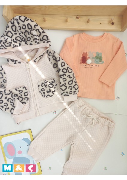 3 Lu Kız Bebek Ceketli Alt Üst Leoparlı Peluşlu Kapitone Kışlık Takım Baby Girl Outfit Set fiyatları