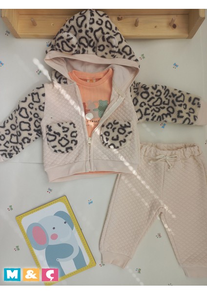 3 Lu Kız Bebek Ceketli Alt Üst Leoparlı Peluşlu Kapitone Kışlık Takım Baby Girl Outfit Set fırsatları