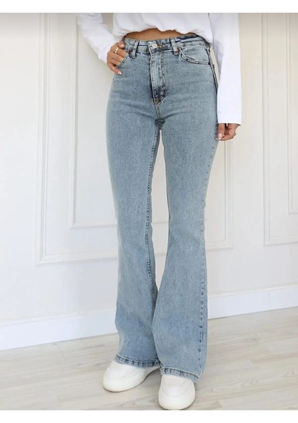 Kadın Mavi Kar Yıkama Yüksel Bel Likralı Ispanyol Paça Jeans Pantolon fiyatları