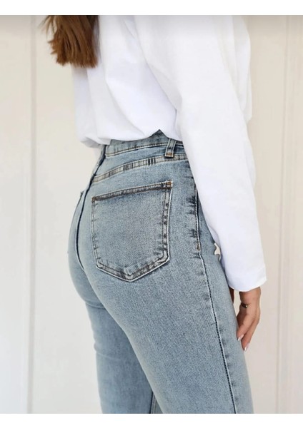 Kadın Mavi Kar Yıkama Yüksel Bel Likralı Ispanyol Paça Jeans Pantolon modelleri