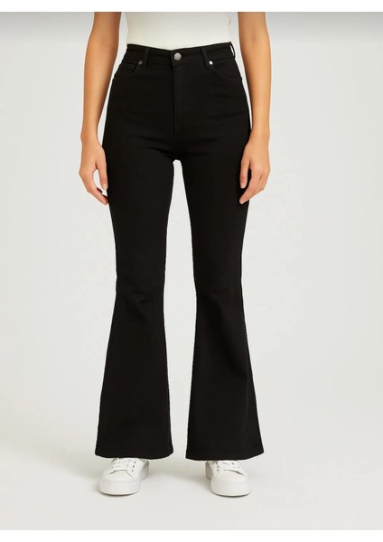 Kadın Siyah Yüksel Bel Likralı Ispanyol Paça Jeans Pantolon