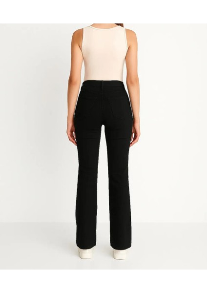 Kadın Siyah Yüksel Bel Likralı Ispanyol Paça Jeans Pantolon fiyatları