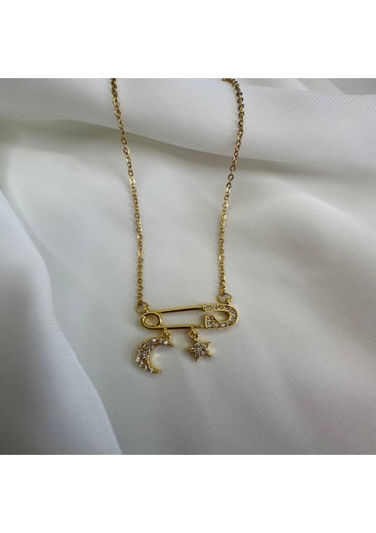 Ay Yıldızlı Çengel Iğne Figürlü Çelik Kolye