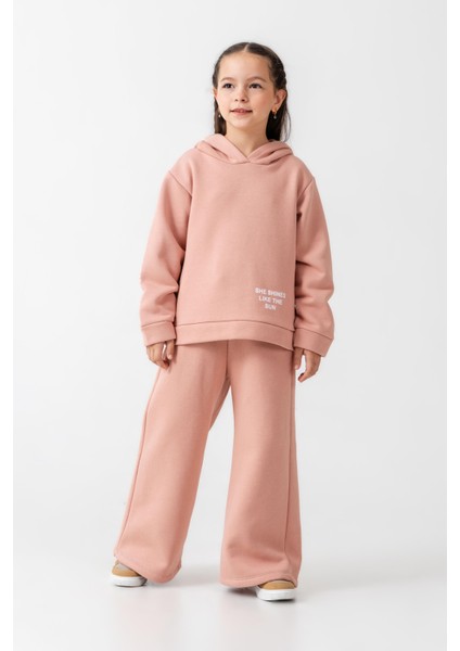 Kız Çocuk Pamuklu Pudra Kapüşonlu Sweatshirt ve Bol Paça Eşofman Takım