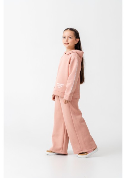 Kız Çocuk Pamuklu Pudra Kapüşonlu Sweatshirt ve Bol Paça Eşofman Takım fiyatları