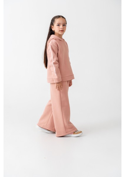 Kız Çocuk Pamuklu Pudra Kapüşonlu Sweatshirt ve Bol Paça Eşofman Takım modelleri