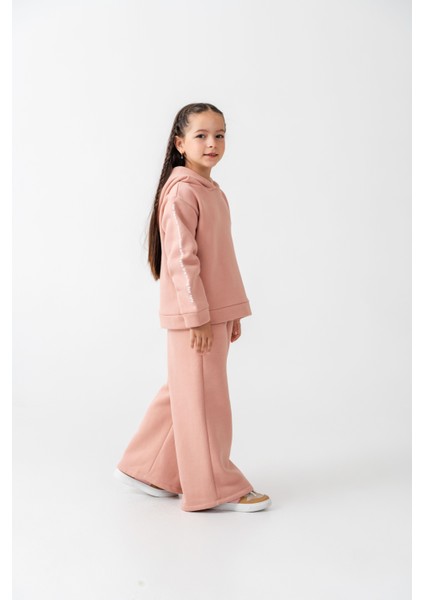 Kız Çocuk Pamuklu Pudra Kapüşonlu Sweatshirt ve Bol Paça Eşofman Takım fırsatları