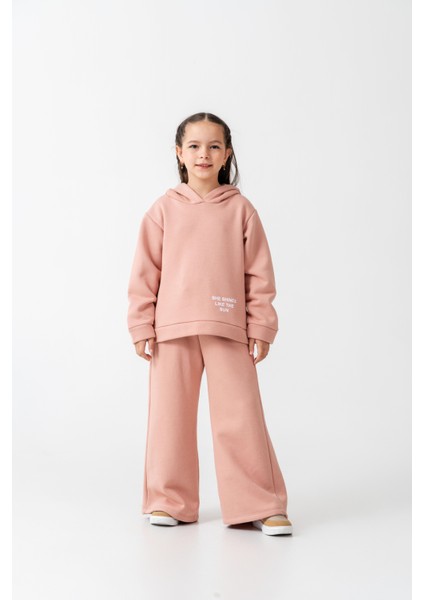 Kız Çocuk Pamuklu Pudra Kapüşonlu Sweatshirt ve Bol Paça Eşofman Takım indirimleri
