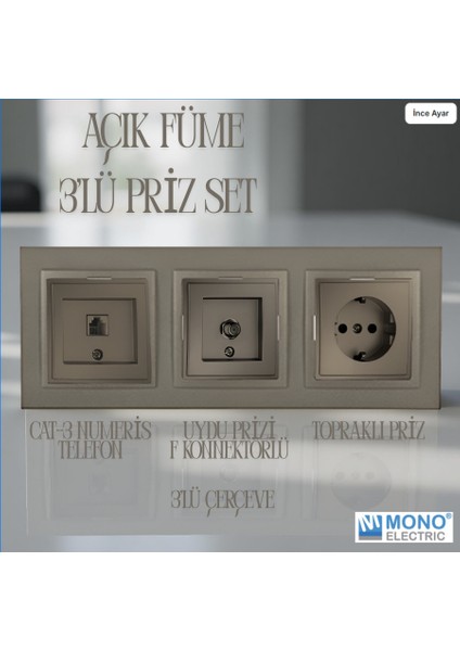 3'lü Priz Set- Topraklı Priz, Telefon Cat-3, Uydu Prizi, Açıkfüme(Bronz)