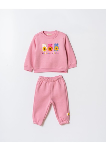 Kız Çocuk Pamuklu Pembe Ayıcık Baskılı Sweatshirt ve Eşofman Takım