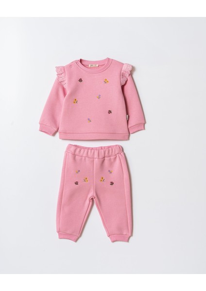 Kız Çocuk Pamuklu Pembe Çiçek Nakışlı Dantel Detaylı Sweatshirt ve Eşofman Takım