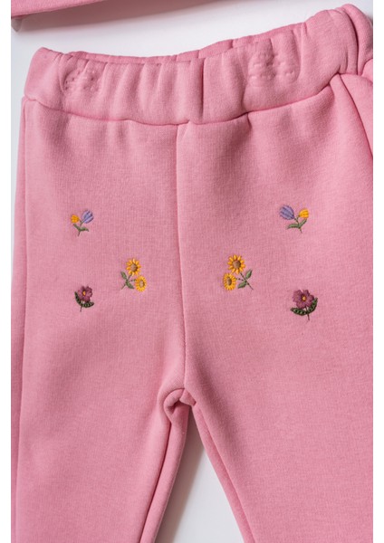 Kız Çocuk Pamuklu Pembe Çiçek Nakışlı Dantel Detaylı Sweatshirt ve Eşofman Takım fiyatları