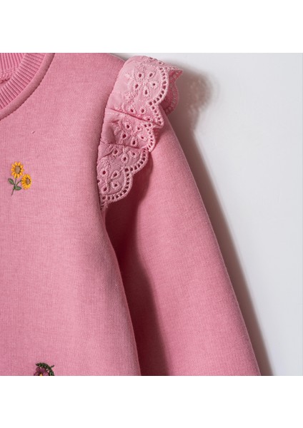 Kız Çocuk Pamuklu Pembe Çiçek Nakışlı Dantel Detaylı Sweatshirt ve Eşofman Takım modelleri