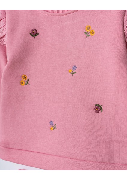 Kız Çocuk Pamuklu Pembe Çiçek Nakışlı Dantel Detaylı Sweatshirt ve Eşofman Takım fırsatları