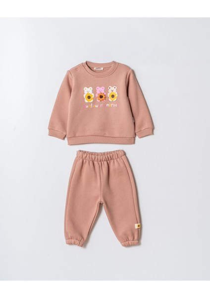 Kız Çocuk Pamuklu Pudra Ayıcık Baskılı Sweatshirt ve Eşofman Takım