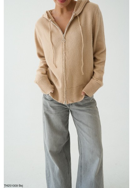 Kadın Giyim Yeni Sezon Kapüşonlu Çift Taraf Fermuar Kapama Hırka Bej Renk