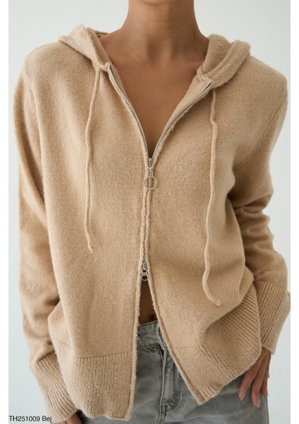 Kadın Giyim Yeni Sezon Kapüşonlu Çift Taraf Fermuar Kapama Hırka Bej Renk fiyatları