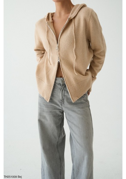 Kadın Giyim Yeni Sezon Kapüşonlu Çift Taraf Fermuar Kapama Hırka Bej Renk modelleri