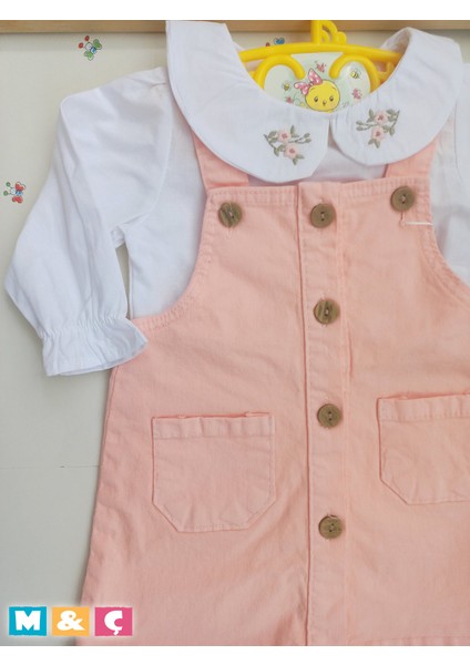 Kalın Kot Şık Salopet Elbise ve Çiçekli Nakışlı Gömlek Kız Bebek 2li Takım Baby Girl Dress