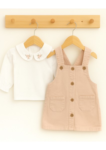 Kalın Kot Şık Salopet Elbise ve Çiçekli Nakışlı Gömlek Kız Bebek 2li Takım Baby Girl Dress